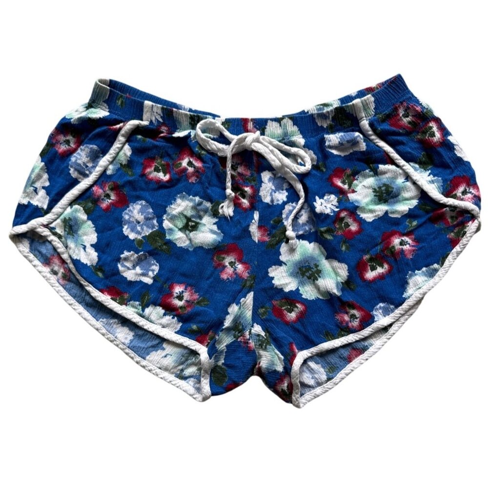 Floral Print Womens Casual Shorts By Solemio Los Angeles Drawstring Waist Blue W